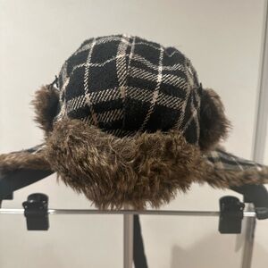 Black & Beige Plaid Trapper Hat Faux Fur Lined Winter Aviator Cap